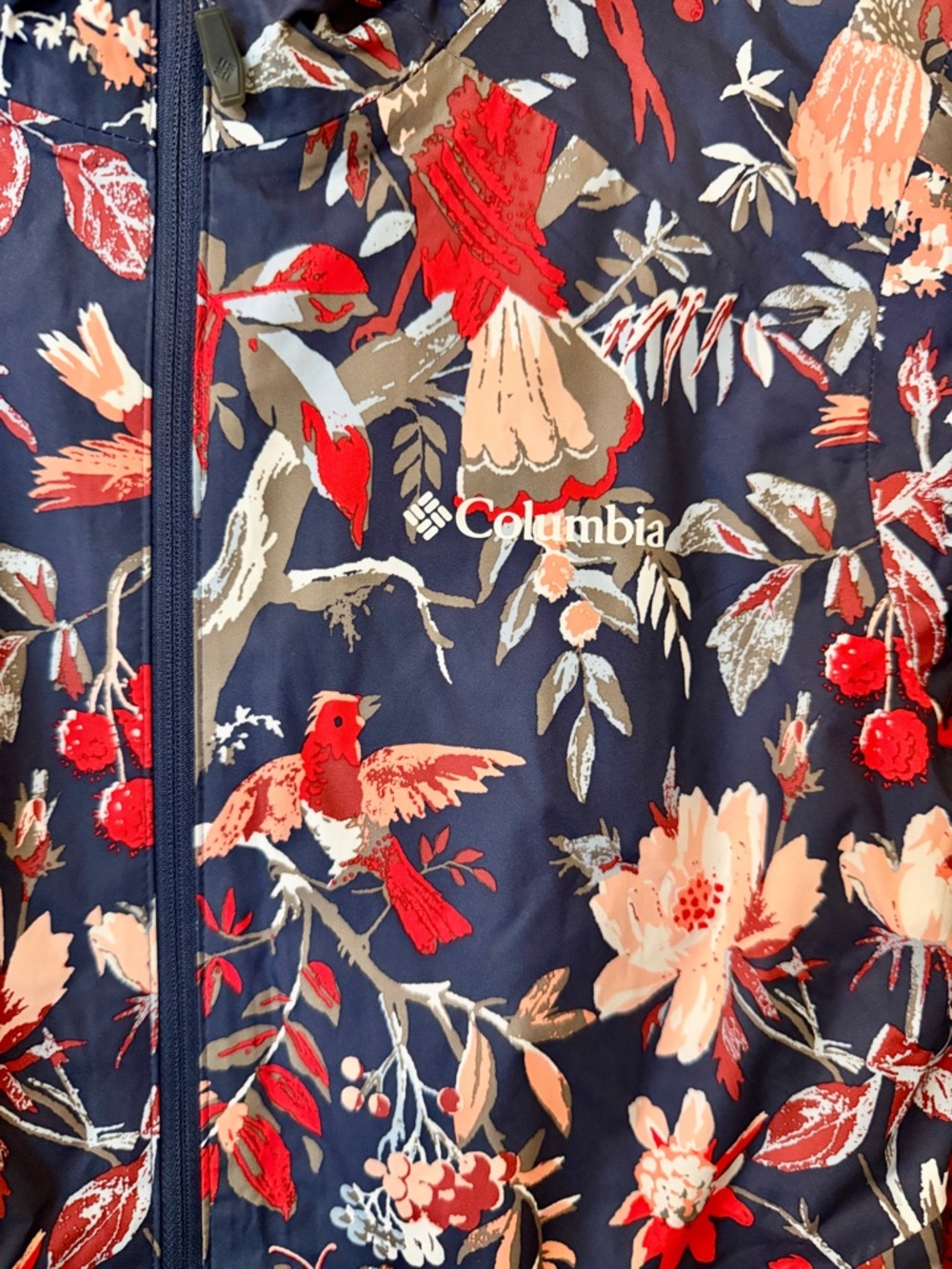 Columbia Women's Navy Floral Hooded Raincoat with Red & Pink Bird Accents - Picture 3 of 4